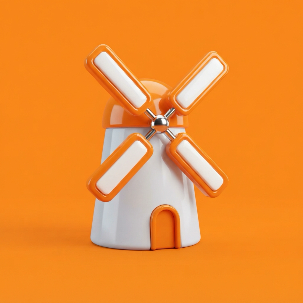 The Windmill mark: a white ceramic windmill with orange sails on an orange ground